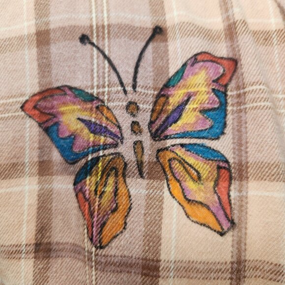 Upcycled Hand Painted Butterfly Flannel Shirt - Bleached Red L Unisex - Picture 6 of 8